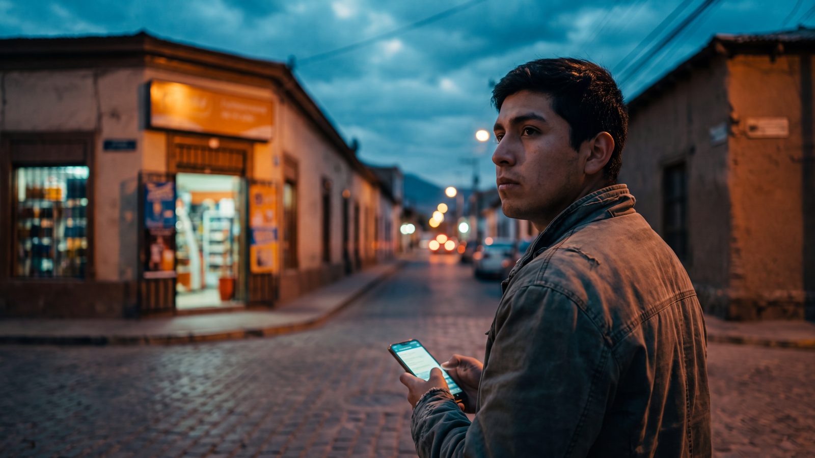 Un joven en una calle de Copiapó al anochecer mira su celular decidiendo dónde ir